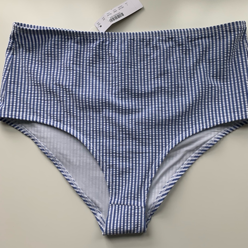 JCrew Seersucker high waisted bikini bottom L NWT